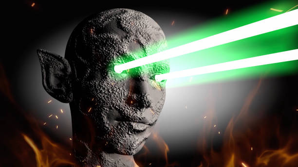 An alien woman with reptilian skin and pointed ears, lasers shooting from her eyes, is wreaking havoc. / This is a game scene that I have previously created and is included in my iStock video portfolio. Video number: 2198144658