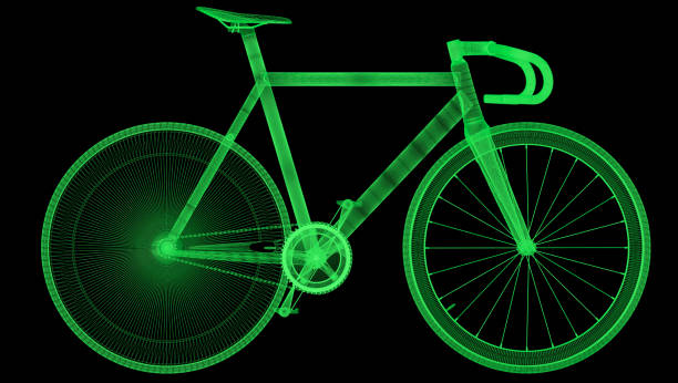 Detailed 3D bicycle model on black background.