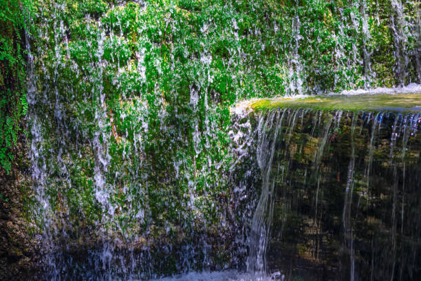 Small waterfall with water cascading over a moss-covered rock face. Vibrant green moss contrasts with the clear, flowing water, creating a serene and picturesque natural scene