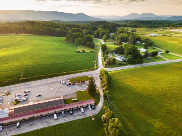 istock Typical American roadside motel. View from a drone at sunset. 2198405147