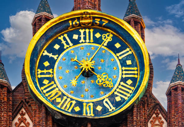 Ancient medieval architecture and technologies in Gdansk. Historic clock on the wall of the St. Mary church in Gdansk