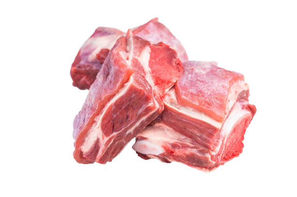 Thick Cut raw lamb Short Ribs, fresh mutton meat with bone isolated on white background. top view.