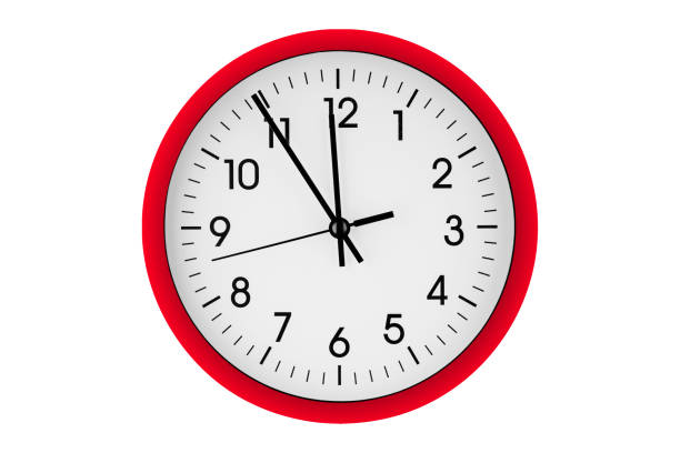 istock Red watch, wall clock 11 hours 45 minutes on isolated or white background 2198412079
