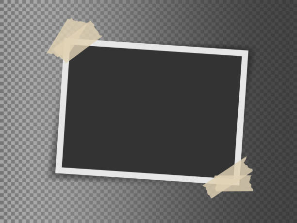 Blank photo fixed in adhesive tape on transparent background. Retro photograph template. Snapshot image. Photo frame mockup with shadow. Element for collage, portfolio, album, social media Design