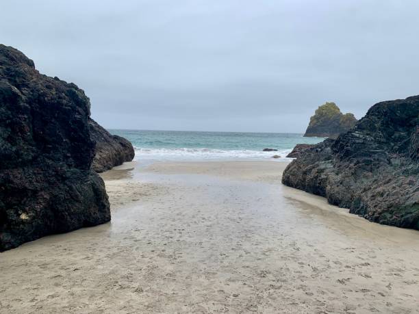 istock Sandy beach with large rocks and sea horizon 2198415517