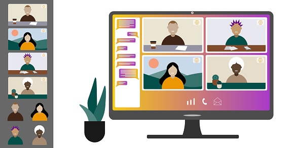 Video Call Conference Working From Home Colleagues Of Different ...