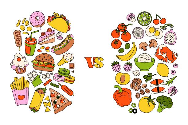 Healthy vs unhealthy food. Fastfood and sweet snacks versus balanced meal with fruits and vegetables, choice between healthy products and bad junk food. Vector cartoon illustration Healthy vs unhealthy food. Fastfood and sweet snacks versus balanced meal with fruits and vegetables, choice between healthy products and bad junk food. Vector cartoon illustration. terrible meal stock illustrations