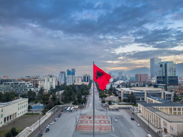 Aerial view of Tirana, Albanian capital at night