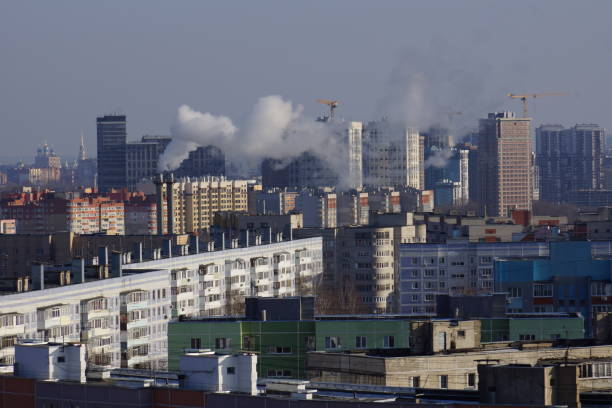 istock Top view of buildings roofs chimneys 2198429590