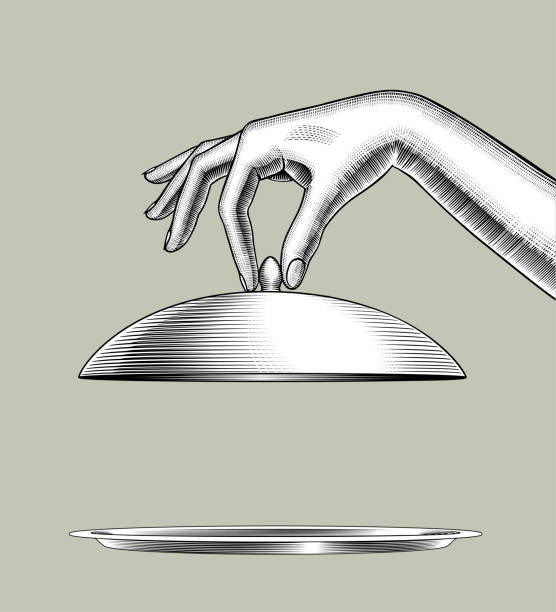 Female hand holding a cover of a cloche tableware and a round tray. Vintage engraving stylized drawing. Vector illustration