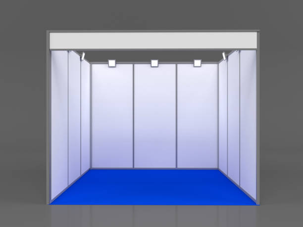 Modern exhibition stand with blue floor and illuminated panels, ideal for showcasing products and services at a trade fair
