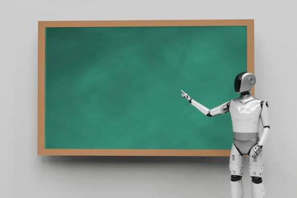 istock Humanoid robot or ai cyborg standing at blackboard 2198439080