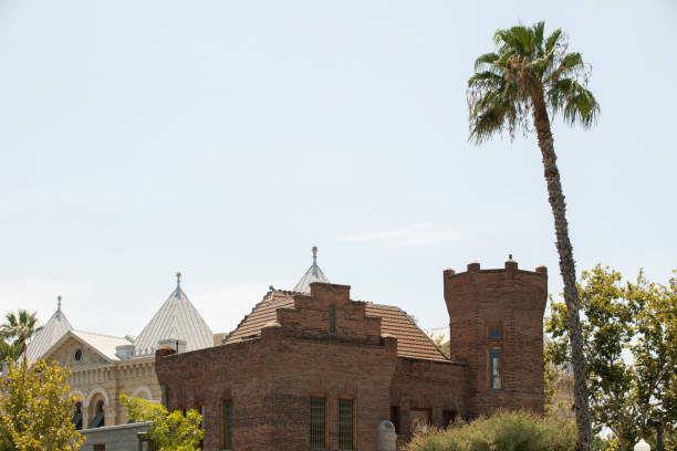 Afternoon sun shines on historic buildings of downtown Hanford, California, USA.