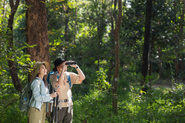 istock A couple explores the dense green forest, using binoculars to observe wildlife 2198443980