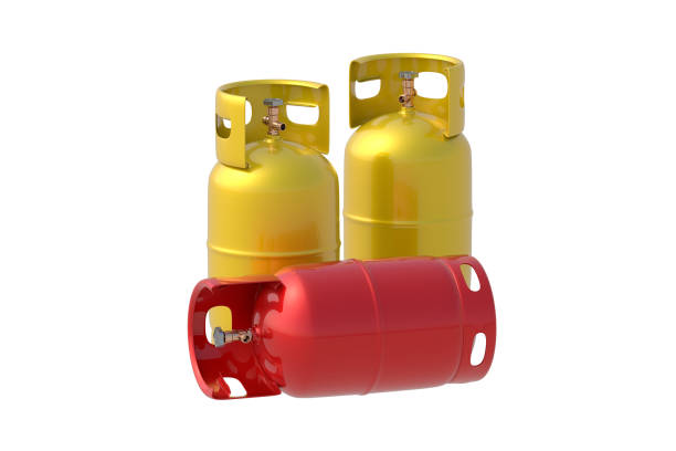 istock Three gas cylinders isolated on white background. Lpg tank. 3d render 2198456359