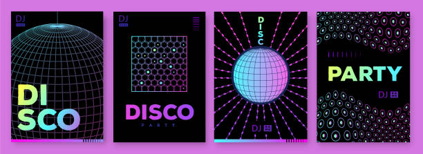 istock Set of retro futuristic disco party posters, covers or banners with disco ball. Fluorescent disco background. Flat design. Vector illustration 2198476767