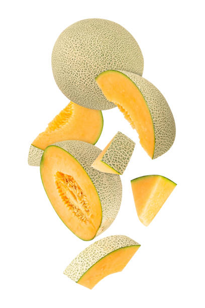 istock Falling Cantaloupe Melon isolated on white background with clipping path, full depth of field 2198484370
