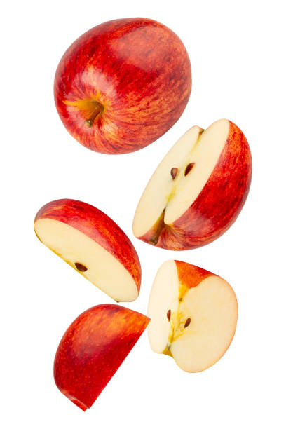 istock Falling Red Apple isolated on white background with clipping path, full depth of field 2198484508