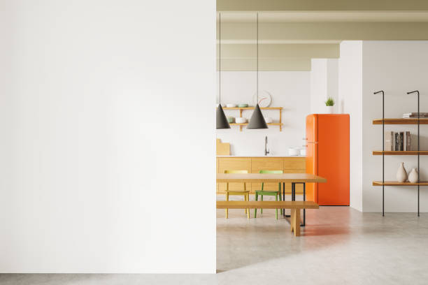istock Modern minimalistic kitchen with white cabinets, large window, and wooden floor. 3D Rendering 2198487535