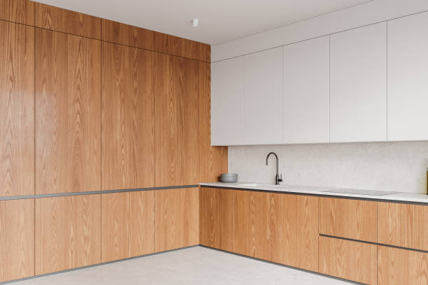 istock Modern wooden kitchen interior with large window and natural light. 3D Rendering 2198487838