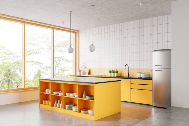 istock Modern minimalistic kitchen with white cabinets, large window, and wooden floor. 3D Rendering 2198487845