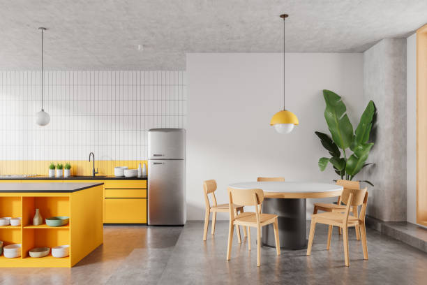 istock Modern minimalistic kitchen with white cabinets, large window, and wooden floor. 3D Rendering 2198488025