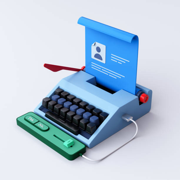 istock 3D rendering of Recruiting employees concept. Blue typewriter with curriculum vitae on White Background. 2198489018