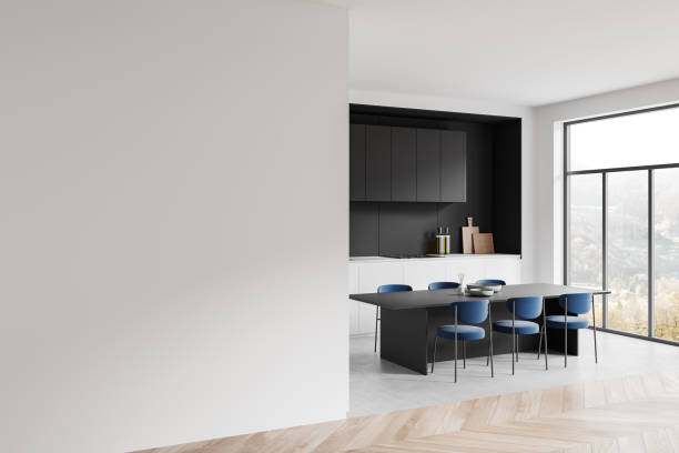 istock Modern minimalistic kitchen with white cabinets, large window, and wooden floor. 3D Rendering 2198489045