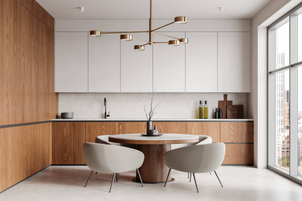 istock Modern wooden kitchen interior with large window and natural light. 3D Rendering 2198489064