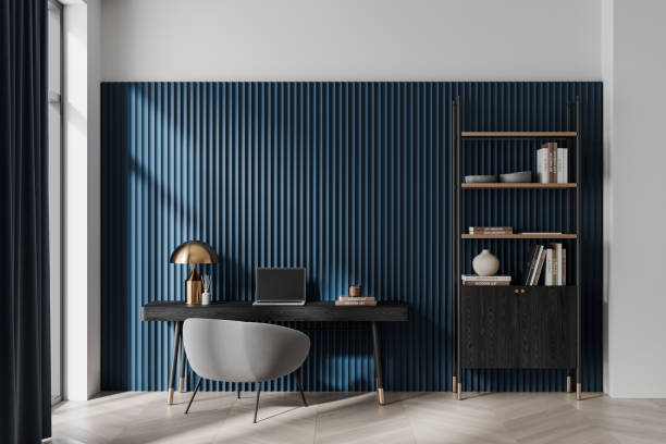 Modern home office desk setup with grey chair and laptop. 3D Rendering