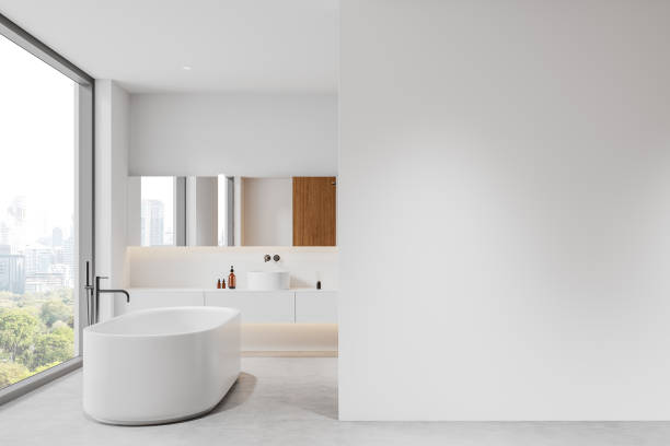 Bright modern bathroom with freestanding tub and city view through arched windows. 3D Rendering