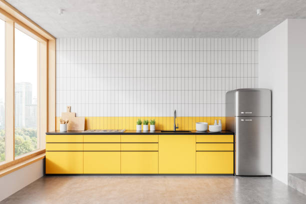 istock Modern minimalistic kitchen with white cabinets, large window, and wooden floor. 3D Rendering 2198489225