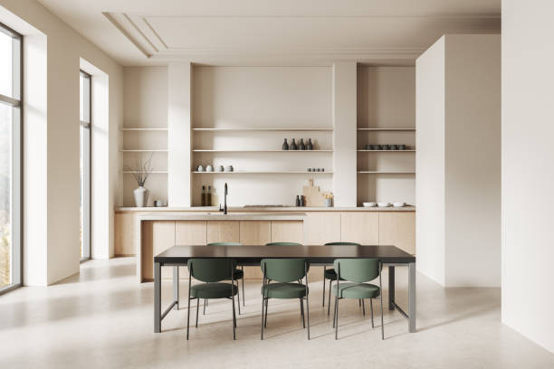 istock Modern wooden kitchen interior with large window and natural light. 3D Rendering 2198489526