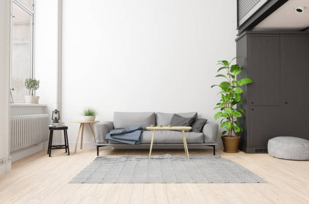 istock room with gray sofa, plants, and wooden floor. 2198490075