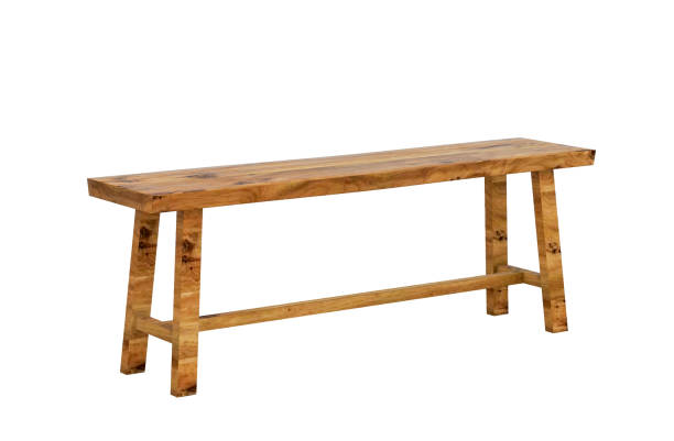 istock A rustic-style wooden bench with a natural brown color and a textured, grainy surface, perspective view, isolated. 2198492832