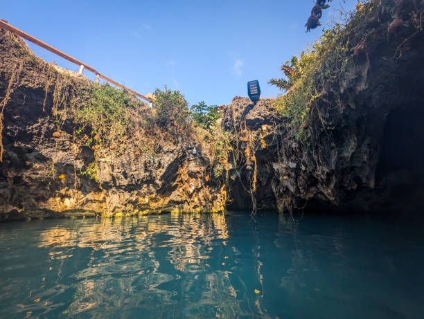 Sunlight illuminating tranquil waters in a natural cave aquarium in Zanzibar, where rocky walls adorned with lush vegetation create a serene, picturesque environment