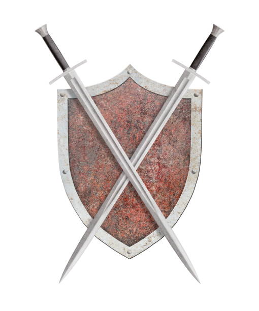 istock two crossed swords and red metal shield isolated on white 2198512544