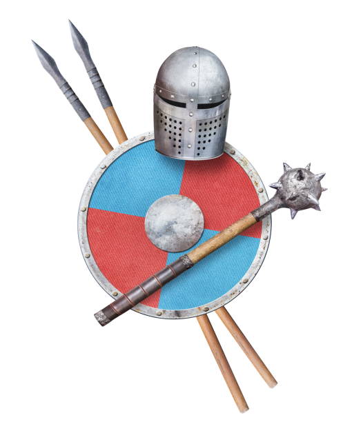 istock viking helmet mace shield and two spears isolated on white 2198512575