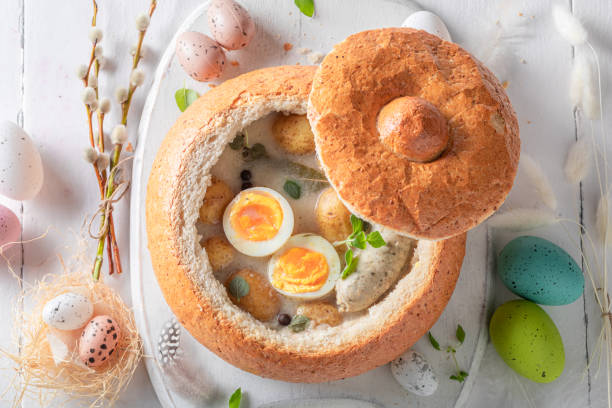 istock Tasty sour soup in Easter bread as a bowl. 2198514079