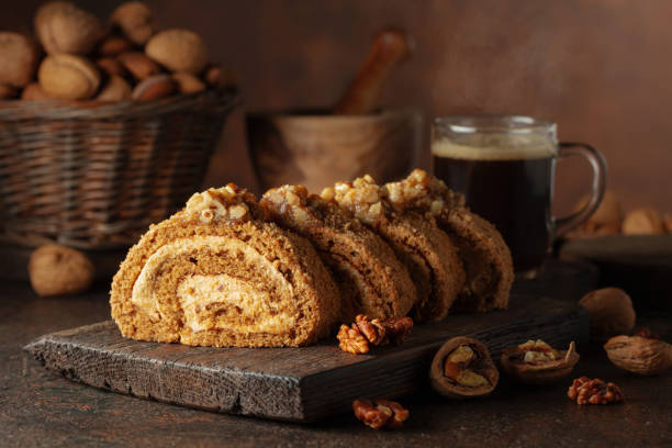 istock Walnut and buttercream roll: a traditional Oriental pastry. 2198516517