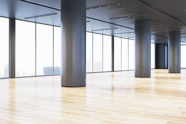 istock Modern empty office space with glass walls and city views. 3D Rendering 2198516805