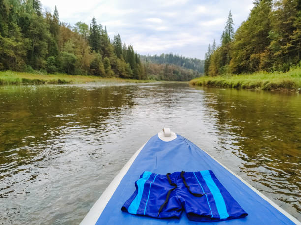 istock A pair of blue shorts sits on the front of a paddle board 2198517064