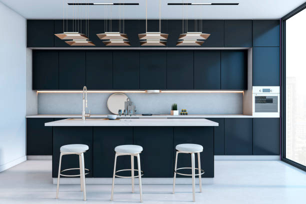 istock Modern luxury kitchen interior with dark cabinets, island, and city view. 3D Rendering 2198517766