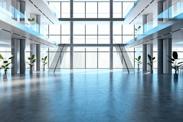istock Modern spacious lobby with glass windows, staircase, and sleek design. 3D Rendering 2198518789