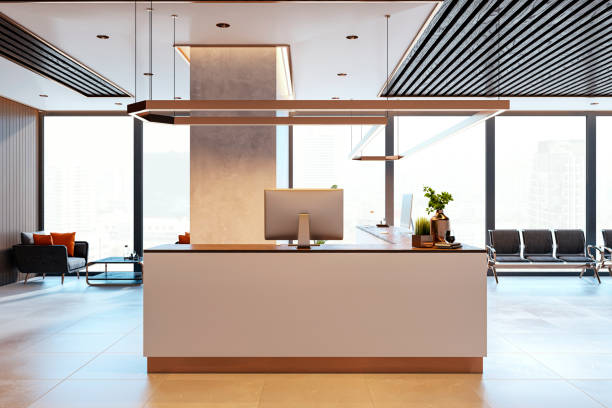 istock Modern reception desk in luxury office lobby with city view. 3D Rendering 2198518896