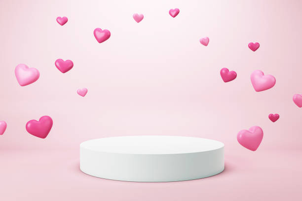 istock Valentines Day podium with floating pink hearts on light pink background. 3D Rendering 2198518984