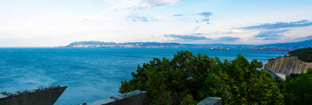 Novorossiysk, Russia - June 06, 2023: View of Tsemesskaya bay in summer - panorama