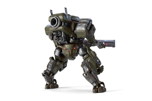 istock 3d render rear view sci-fi mech soldier stands holding an assault rifle with both hands. 2198521665