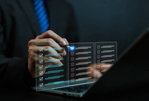 istock Online survey for business people using laptops, business performance survey concept, DMS document management system, performance appraisal. 2198522762
