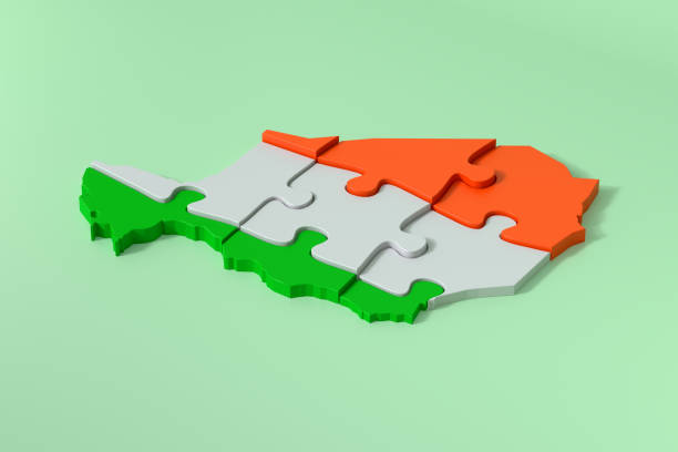 3d rendering of Niger map puzzle with flag colors on green background with copy space